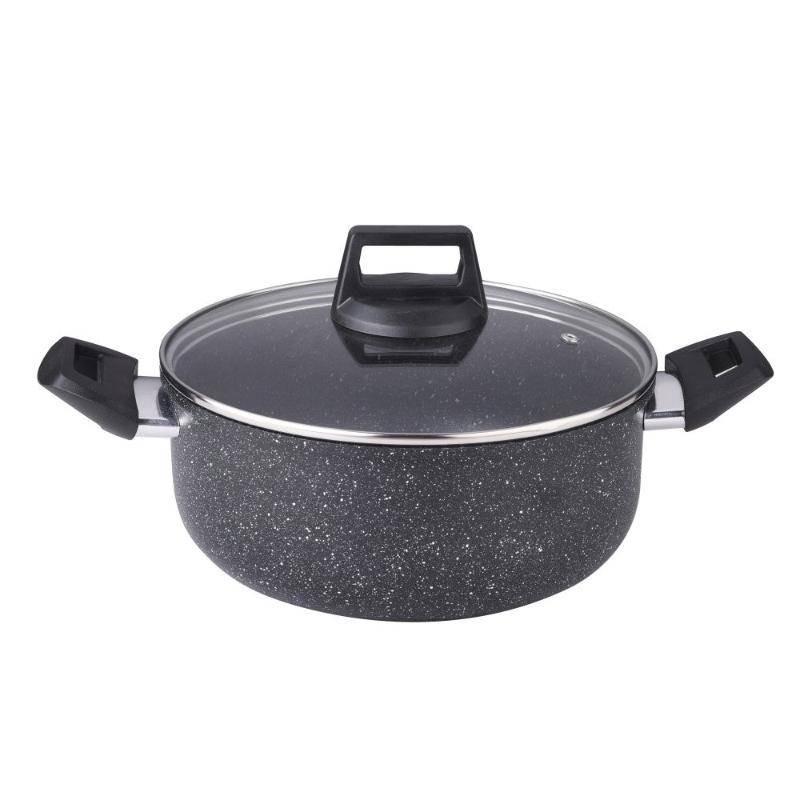 Harvest Non Stick Casserole Cooking Pot with a 26CM marble black finish, featuring a 2.5mm thick induction bottom, glass lid, and sturdy handles.
