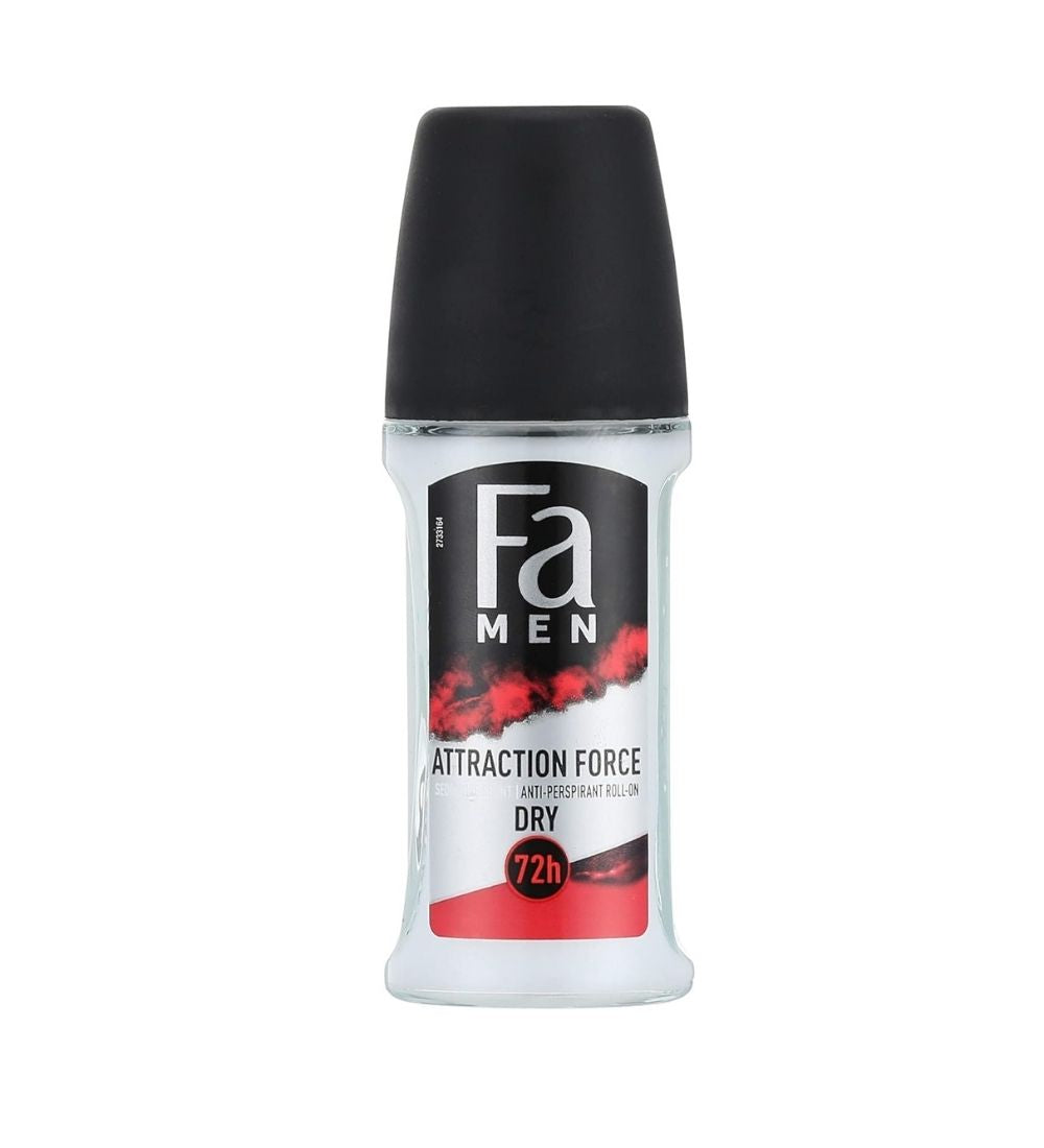 Fa Men Deo Attraction Force 50 ml antiperspirant with 72h protection and masculine scent in a clear roll-on bottle. Ideal for daily personal care.