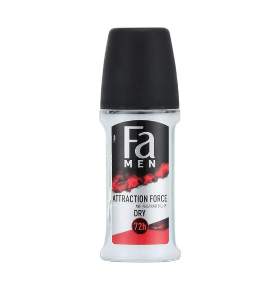 Fa Men Deo Attraction Force 50 ml antiperspirant with 72h protection and masculine scent in a clear roll-on bottle. Ideal for daily personal care.