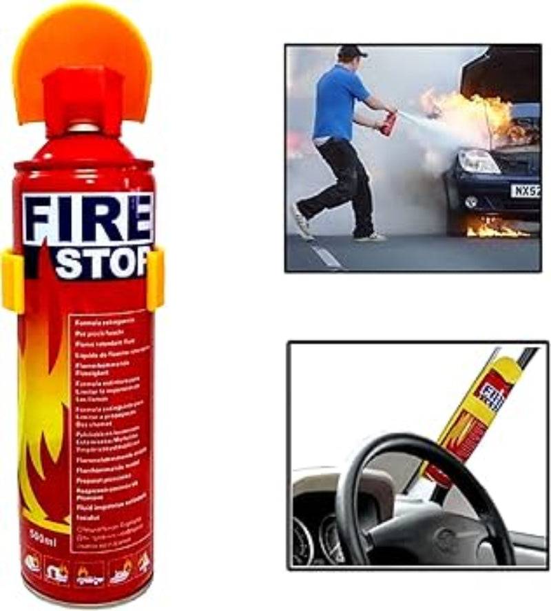 Portable Fire Extinguisher Fire Stop 500 ml in action, used on a car engine fire. Conveniently stored in vehicle interior for quick access.