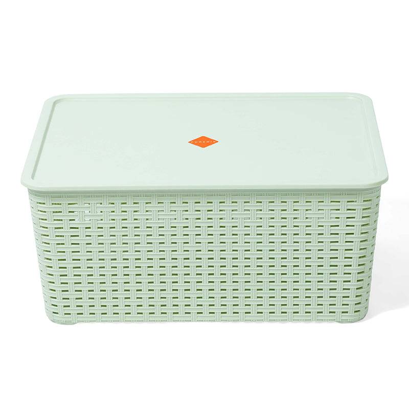 Mint green Rattan Deco Box 25L storage box with secure lid, ideal for home organization and stackable storage in open spaces.