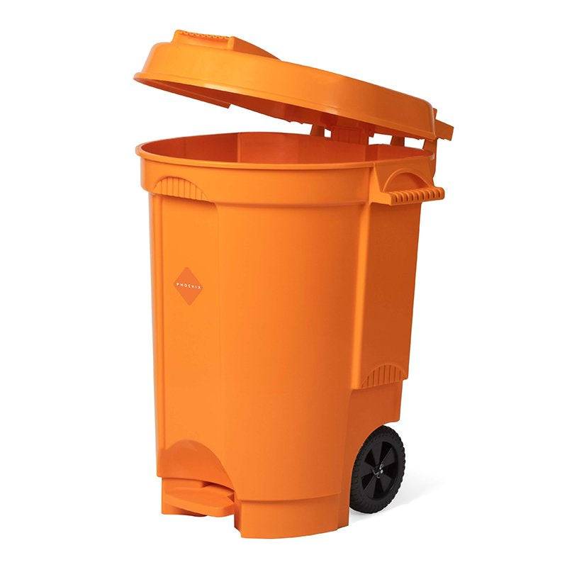 Garbage Bin with Wheels - Phoenix Plastic, 70L capacity for efficient waste management. Durable design with a hinged lid and sturdy wheels for easy mobility.