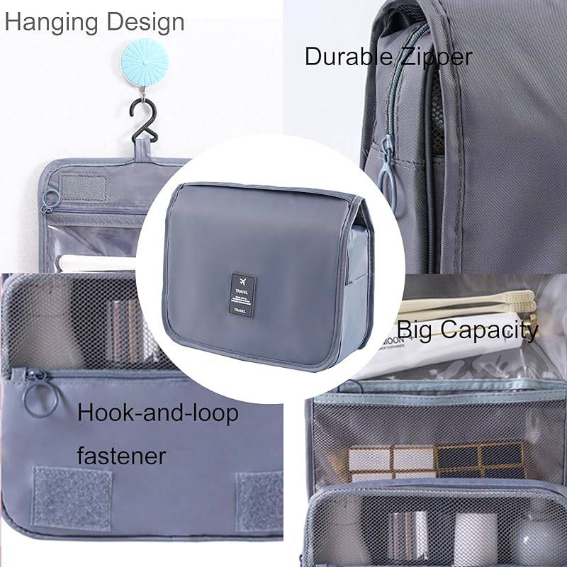 Gray foldable makeup bag with labeled features including hanging hook, durable zipper, and large capacity. Ideal for travel and cosmetic organization.