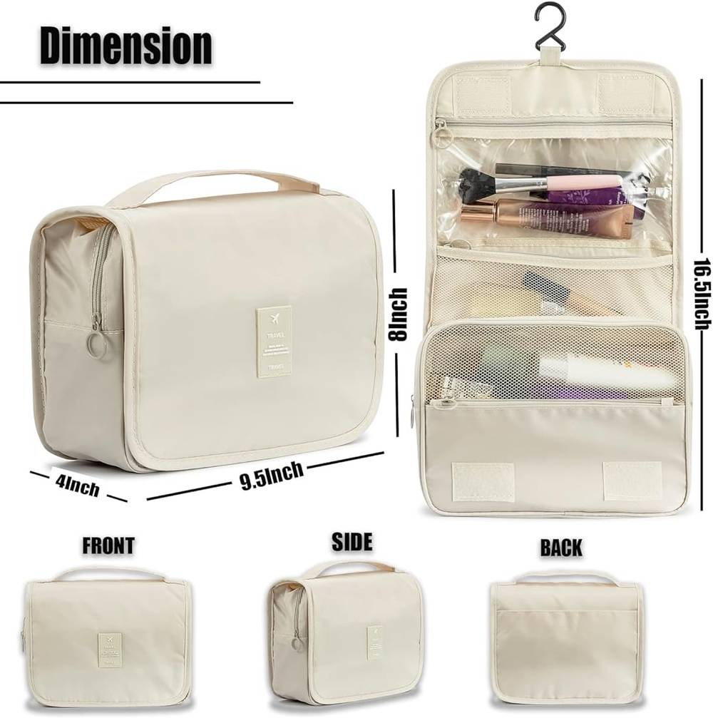 Beige foldable makeup bag with dimensions labeled, showing front, side, and back views. Travel toiletry bag with hook and spacious compartments.