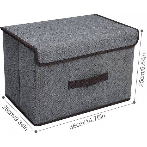 Grey foldable cloth storage box with lid and dimensions 38x25x25 cm, ideal for clothing and closet storage organization.