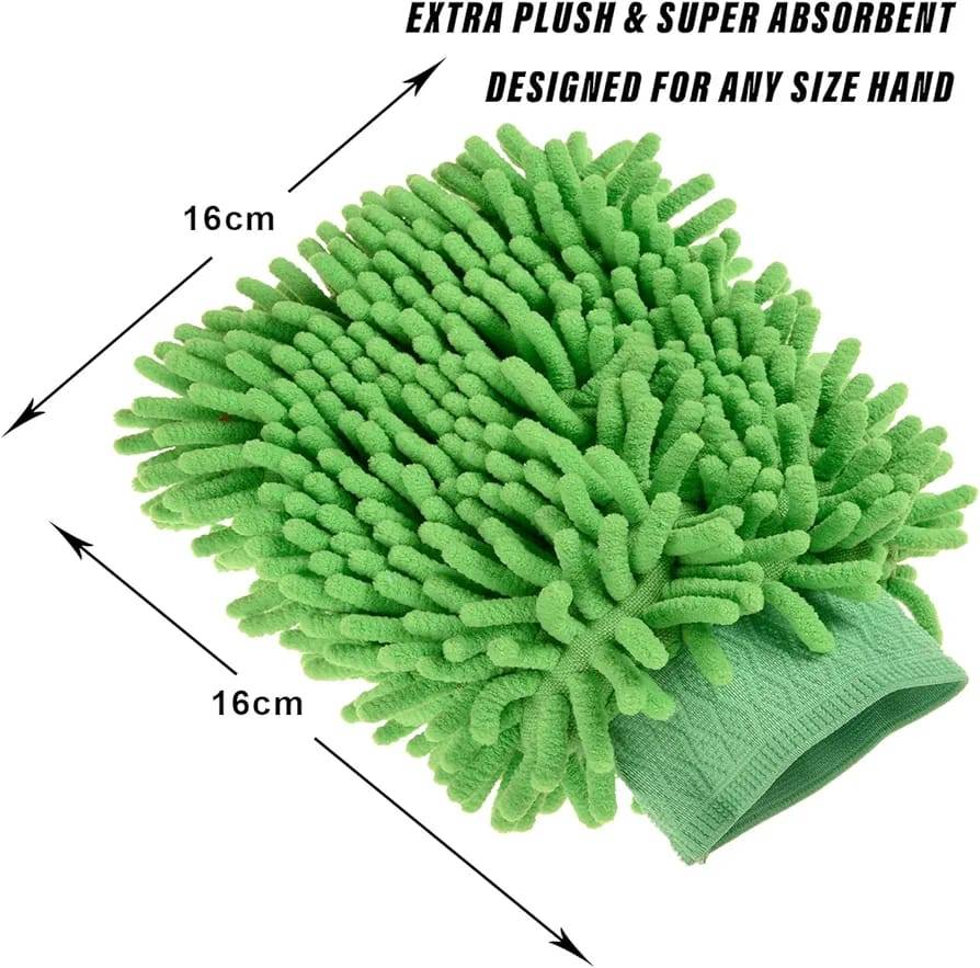 Green chenille car wash glove with 16cm x 16cm dimensions. Extra plush, super absorbent, and fits any hand size for effective car cleaning.