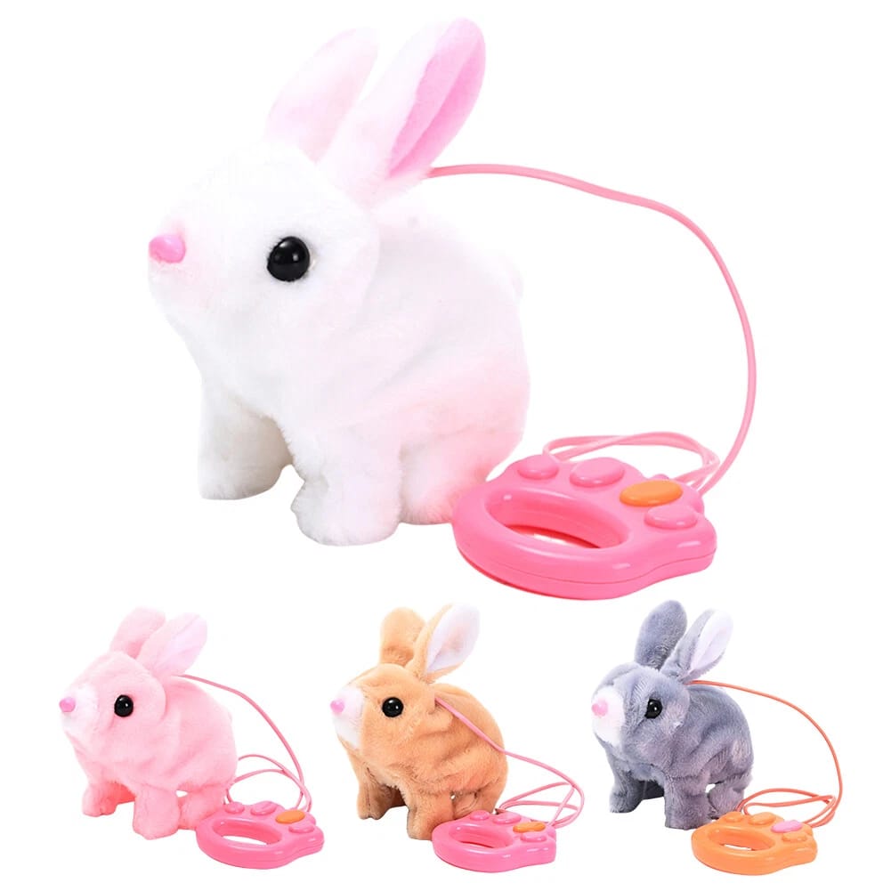 Set of Plush Toy Bunny Rabbits with Remote Control in pink, white, brown, and gray, each with a paw-shaped remote for interactive movement.