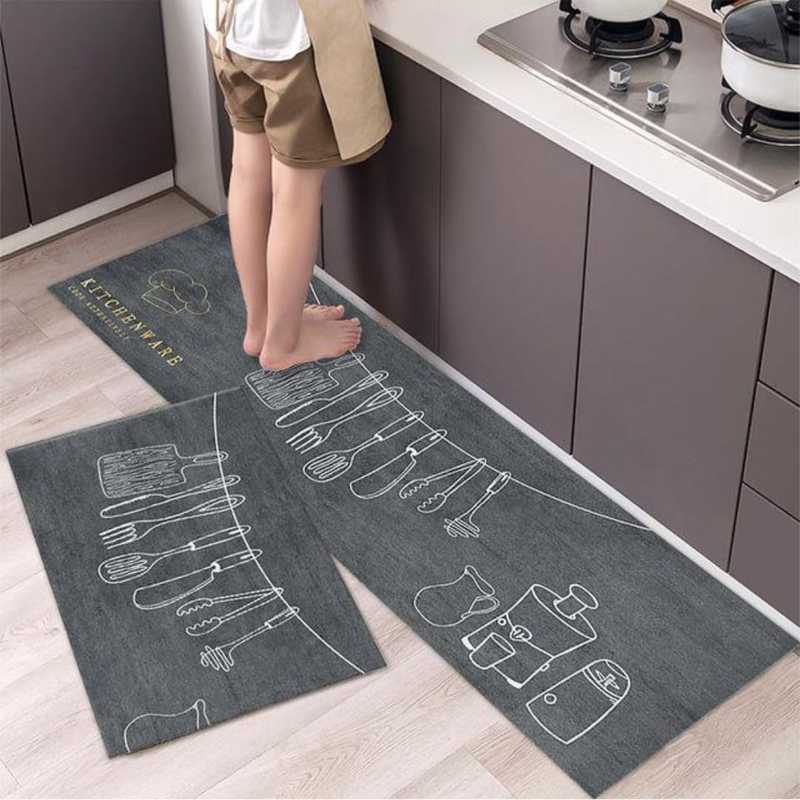 Nordic kitchen carpet runners 2PCS set with utensil illustrations in minimalist grey. Durable and stylish for contemporary kitchen decor.