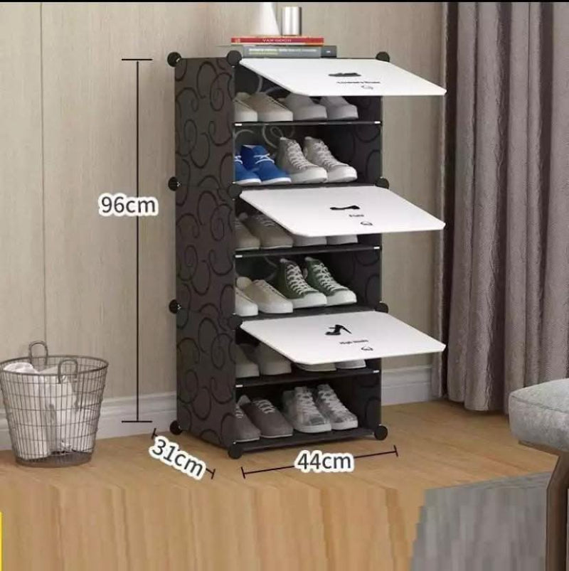 Durable 6 Layer Plastic Shoe Rack with Doors, measuring 96x44x31 cm. Perfect for neat shoe organization and dust protection in Sri Lankan homes.
