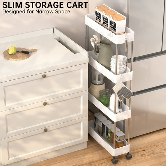 Slim Storage Trolley fits tight spaces in kitchen, storing coffee, snacks, and utensils on compact four-tier rolling cart.