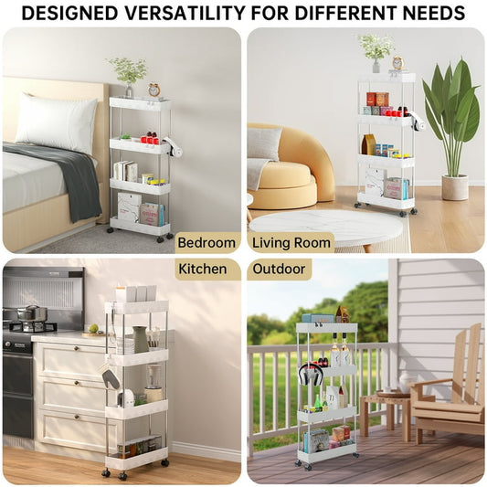 Slim Storage Trolley fits tight spaces in bedroom, living room, kitchen, and outdoor areas, showcasing versatile home storage uses.