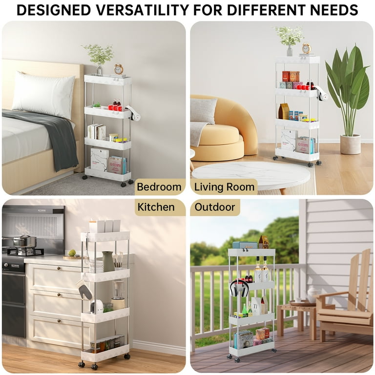 Slim Storage Trolley fits tight spaces in bedroom, living room, kitchen, and outdoor areas, showcasing versatile home storage uses.