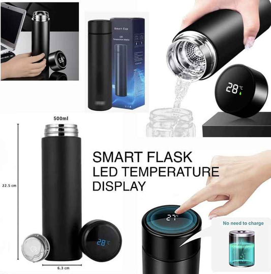 500 ml Smart Insulated Mug in black with LED temperature display, tea strainer, and touch-sensitive lid. Leak-proof and perfect for travel or office use.