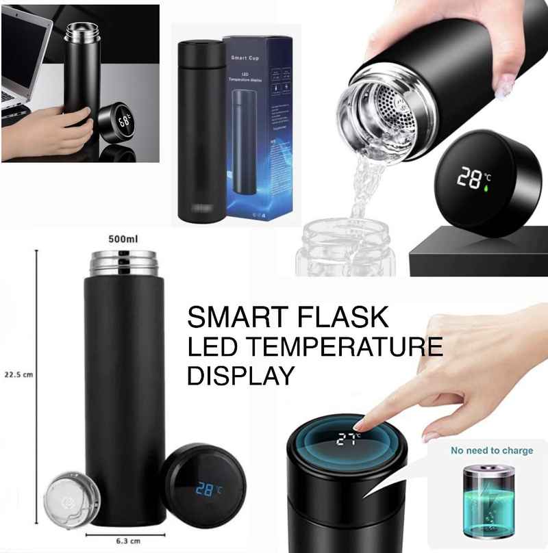 500 ml Smart Insulated Mug in black with LED temperature display, tea strainer, and touch-sensitive lid. Leak-proof and perfect for travel or office use.
