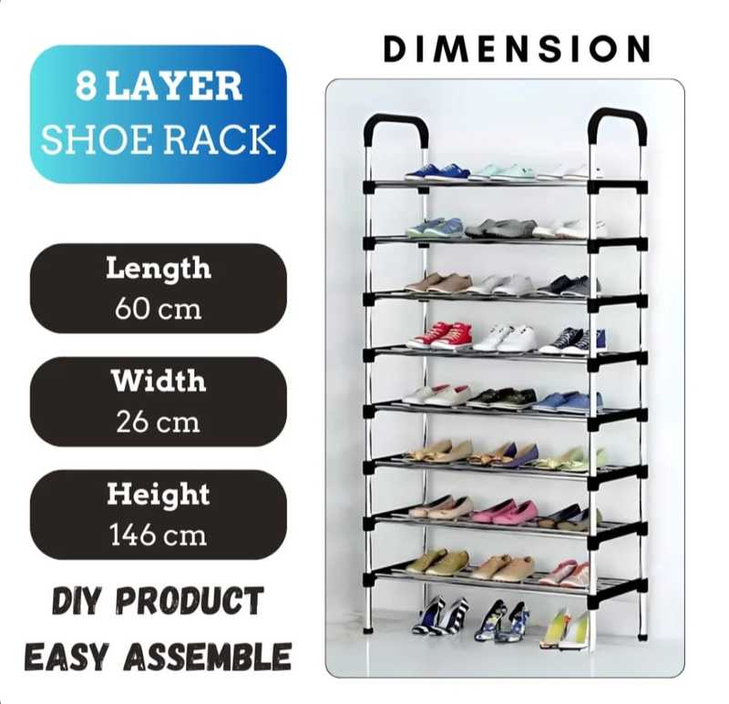 8 Layer Metal Shoe Rack with 60x26x146 cm dimensions, ideal for maximizing shoe storage space in home and garden organization setups.