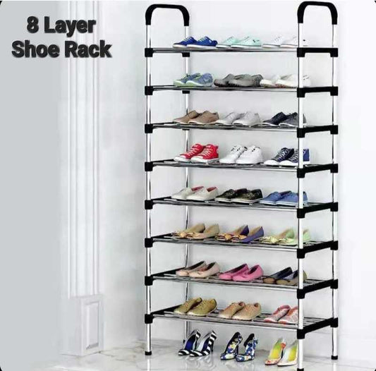 Organize with 8 Layer Metal Shoe Rack featuring large capacity for various footwear styles, perfect for home storage and closet organization.