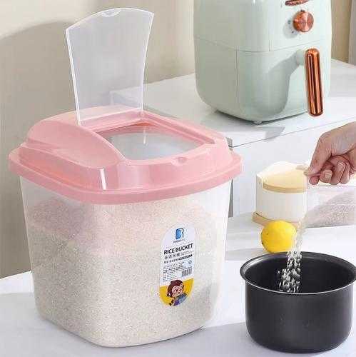 10 Kg Rice Storage Bucket with airtight pink lid keeps rice fresh and dry; ideal kitchen storage container for grains and food items.