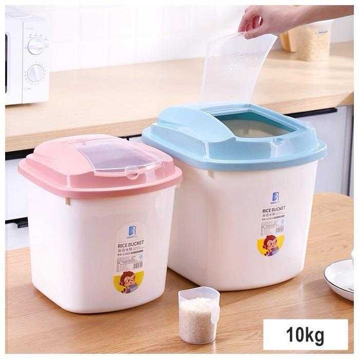 Set of 10 Kg Rice Storage Buckets with airtight pink and blue lids; perfect for organizing rice and grains in kitchen storage.