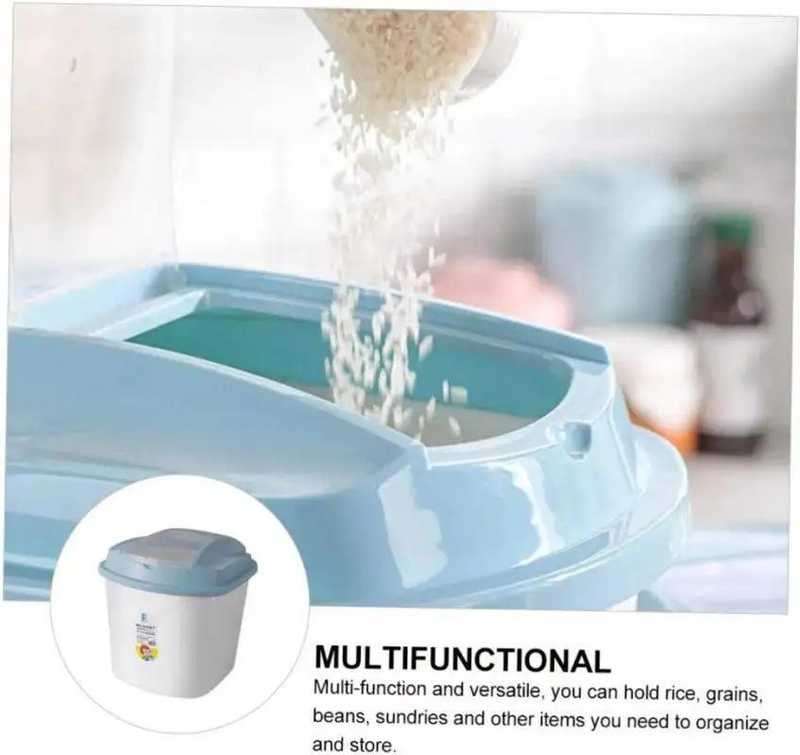 Blue-lidded 10 Kg Rice Storage Bucket with wide opening for easy pouring; multifunctional container for rice, grains, and beans.