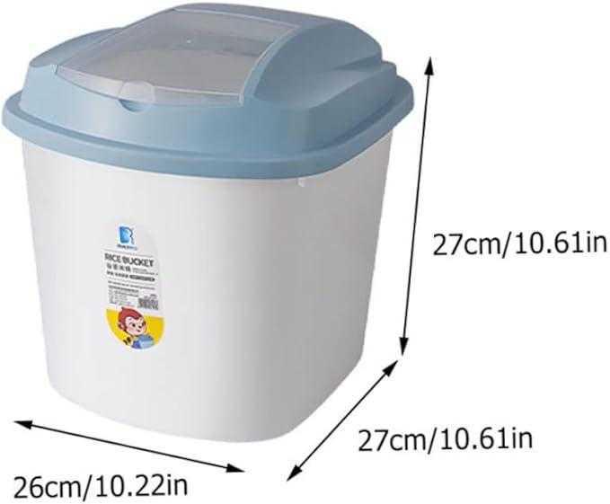 Dimensions of 10 Kg Rice Storage Bucket with airtight blue lid; 27cm height and width, ideal for compact kitchen storage solutions.