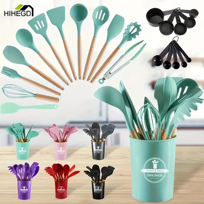 12-Piece Mini Silicone Kitchen Utensil Set with Wooden Handle