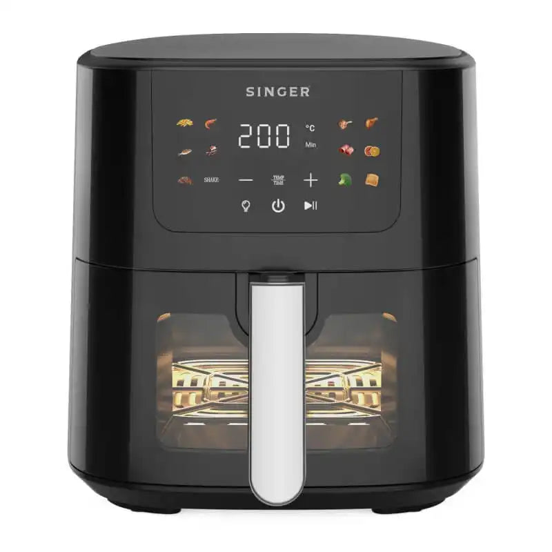 Singer Digital Air Fryer 5L for Healthy Cooking with touchscreen controls and visible cooking window, ideal for oil-free frying and baking.