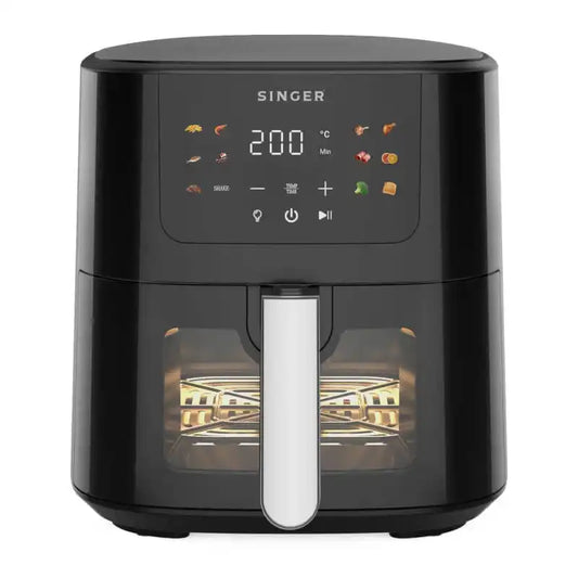 Singer Digital Air Fryer 5L for Healthy Cooking with touchscreen controls and visible cooking window, ideal for oil-free frying and baking.
