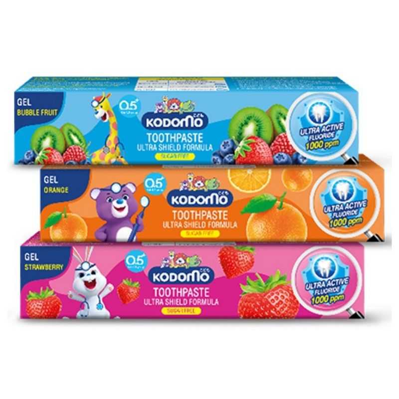 Kodomo toothpaste for kids in bubble fruit, orange, and strawberry flavors with ultra shield formula. Ideal toothpaste for babies on Bamagate.com.