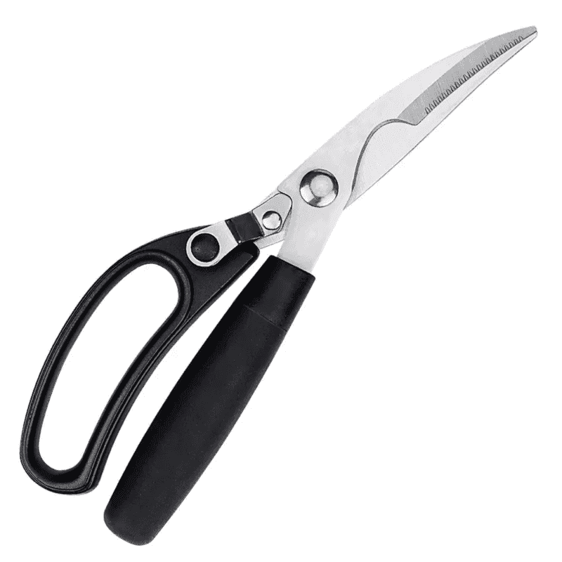 Kitchen scissor with ergonomic black handle and stainless steel blades for multipurpose use, ideal for cutting chicken bones and kitchen prep.