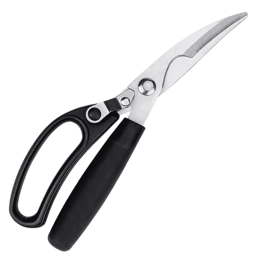 Kitchen scissor with ergonomic black handle and stainless steel blades for multipurpose use, ideal for cutting chicken bones and kitchen prep.