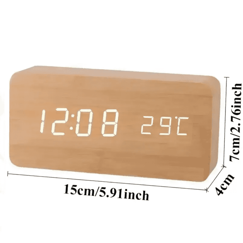 Wooden LED Digital Clock measuring 15cm wide, with clear time and temperature display in Celsius, great for desks or shelves.