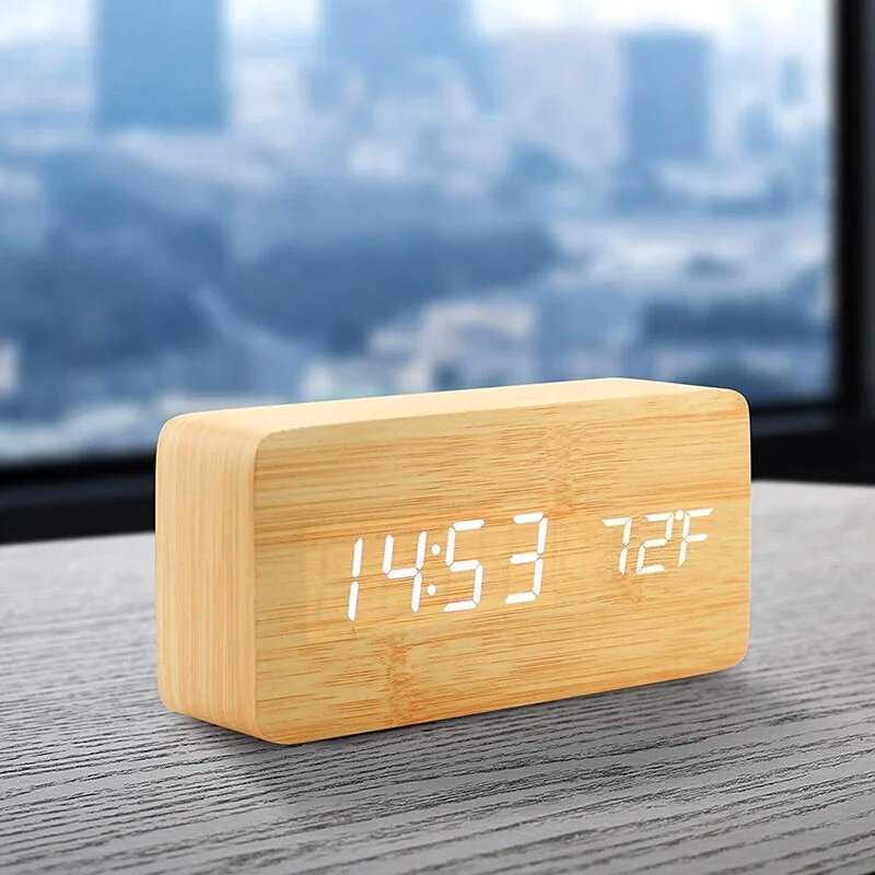 Wooden LED Digital Clock with bright white display showing time and temperature, ideal for modern home or office decor.