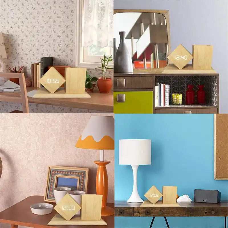 LED Digital Alarm Clock with Wooden Pen Holder displayed in various home and office settings, blending decor with functionality.