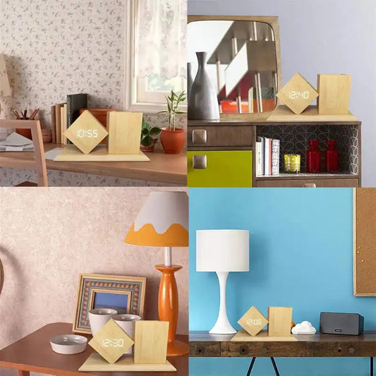 LED Digital Alarm Clock with Wooden Pen Holder displayed in various home and office settings, blending decor with functionality.