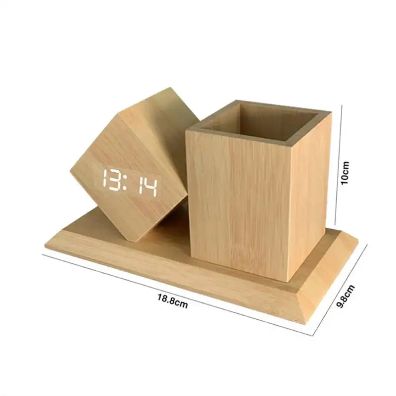 Stylish Wooden Pen Holder with LED Digital Alarm Clock, showing dimensions and compact design for efficient desk use.
