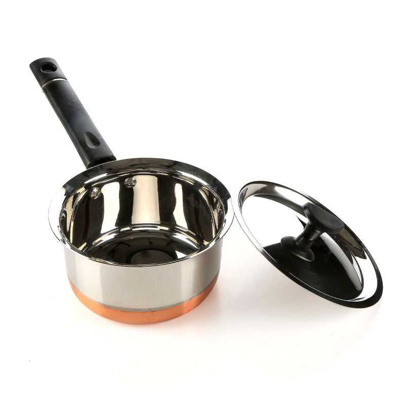 LEVEL Stainless Steel Saucepan 16 cm with lid off, showing polished interior and copper base for even heat distribution. Ideal for small portion cooking.
