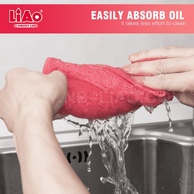 LIAO Multipurpose Cloths - Microfiber Cleaning 12 Pack shown absorbing water, demonstrating oil absorption and easy wringing for household cleaning.