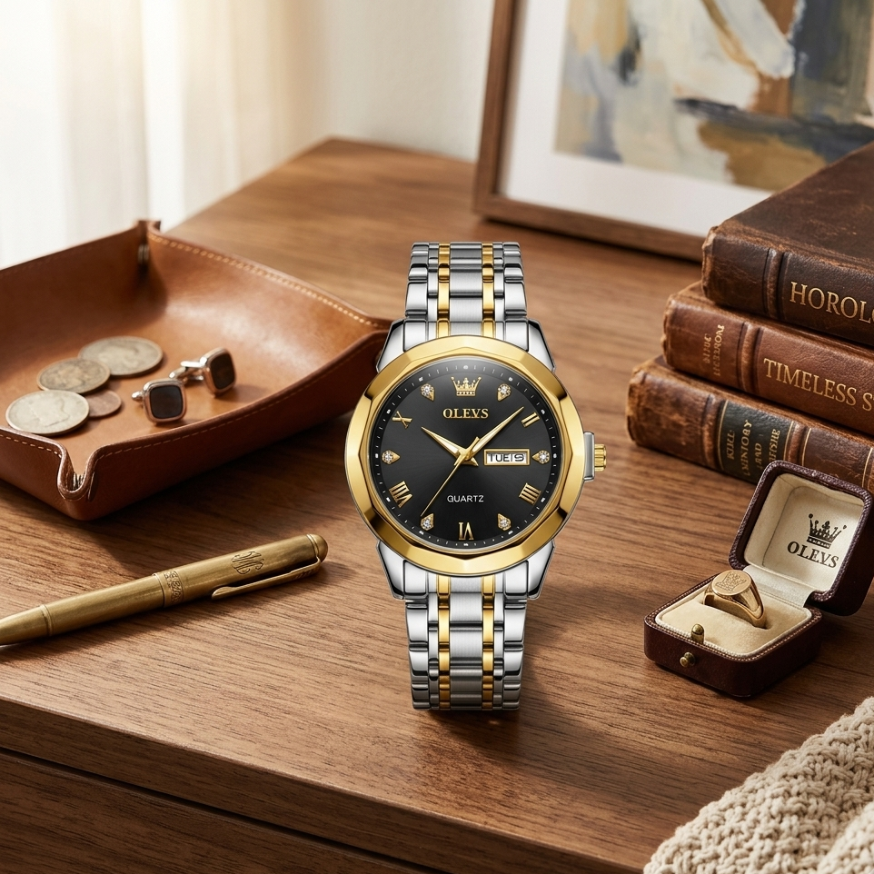 Luxury Two-Tone Men’s Watch with Black Dial