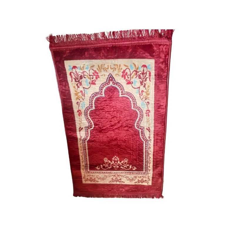 Portable Muslim Prayer Mat 120 x 80 cm in maroon with intricate floral and arch motif, perfect for daily prayer and home decor.