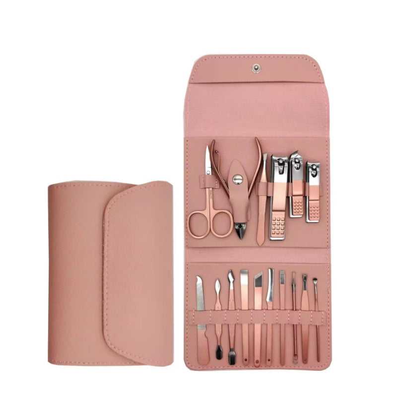16 PCS Manicure Set - Nail Grooming Set in pink leather case with professional tools for nail care, including clippers, scissors, and cuticle pushers.