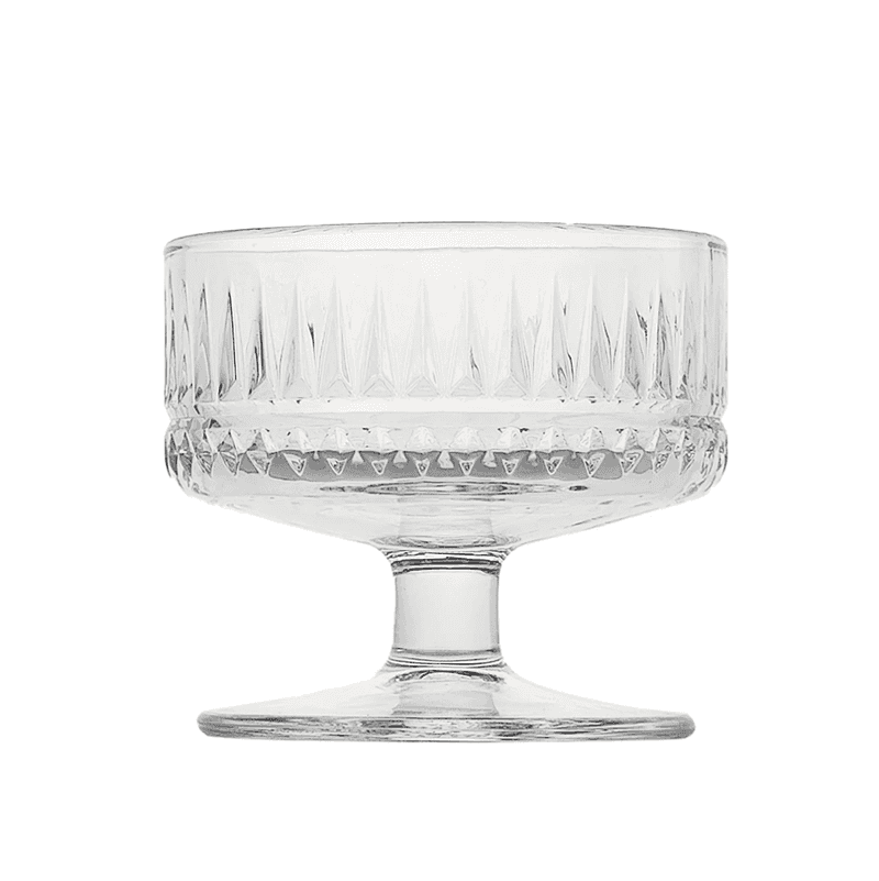 Close-up of a single glass from the Timeless Vintage Ice Cream Cup Set, showcasing its classic cut-glass design perfect for serving desserts in style.