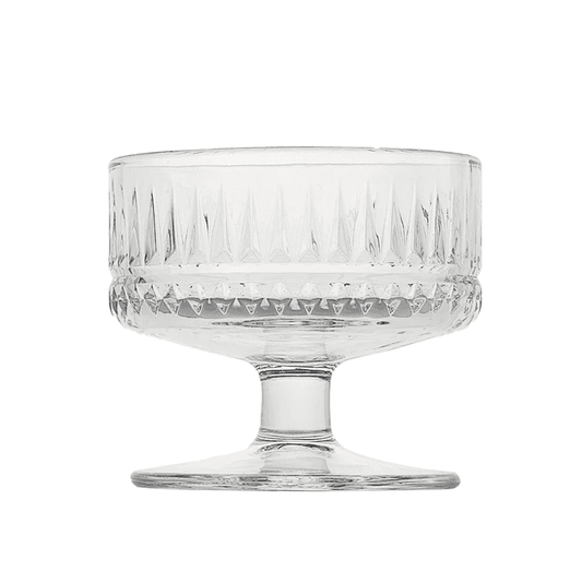Close-up of a single glass from the Timeless Vintage Ice Cream Cup Set, showcasing its classic cut-glass design perfect for serving desserts in style.
