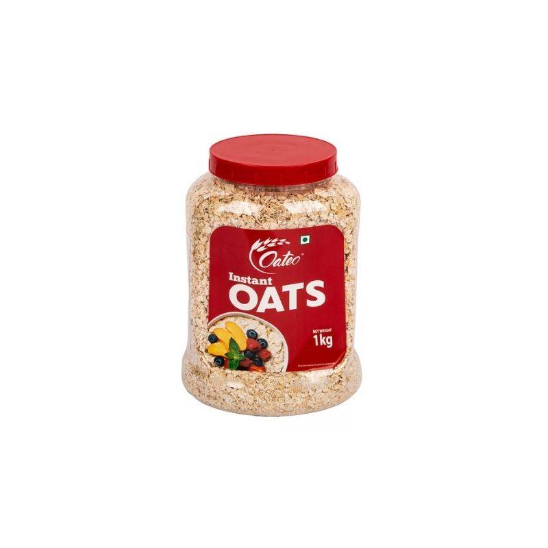 Oateo Instant Oats 1kg PET Jar with red lid, packed with whole grain oats for a fiber and protein-rich breakfast option.