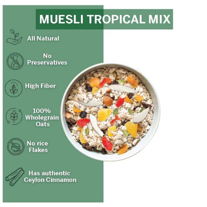 Oateo Oats Muesli Tropical Mix 400g Bag-in-Box with 100% wholegrain oats, high fiber, and 31% fruits and nuts. No preservatives or rice flakes.