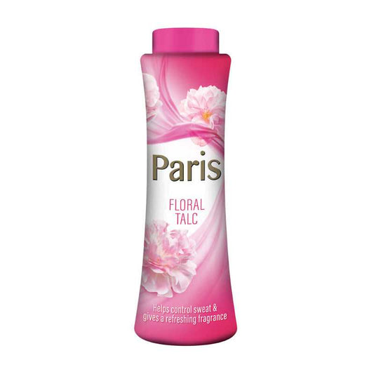 Paris Floral Talc 85g body powder with flower scent in pink bottle for soft, fresh skin. Ideal for controlling sweat and adding a refreshing fragrance.