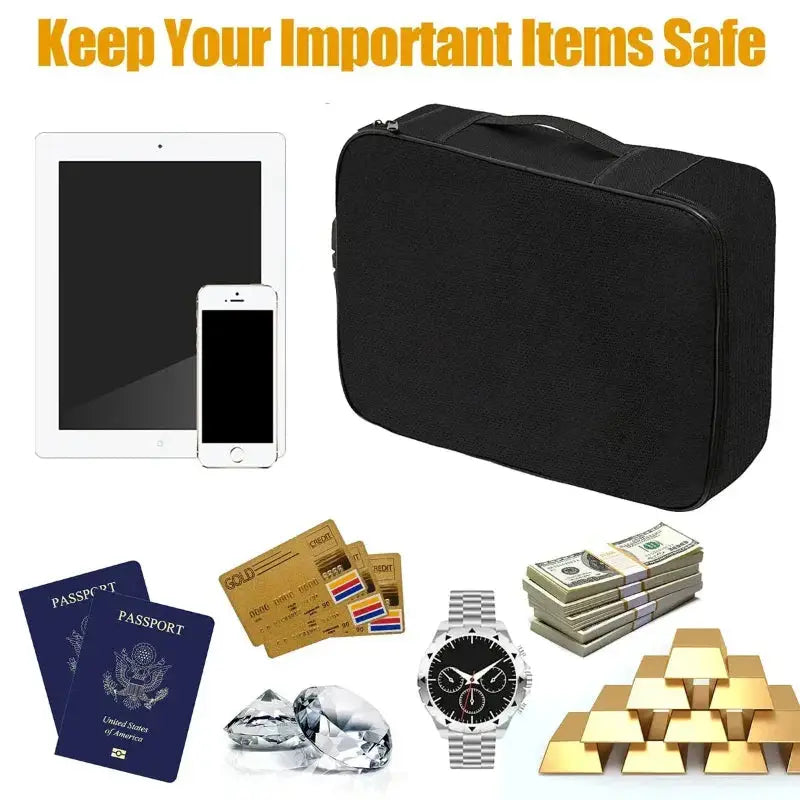 Secure black Passport Safe Storage Bag for storing passports, electronics, cash, and valuables, perfect for travel and home use.