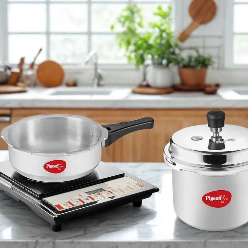 Pigeon Mini Pressure Cooker Combo - 2, 3 Litre displayed on a kitchen counter with induction cooktop, perfect for modern kitchens.