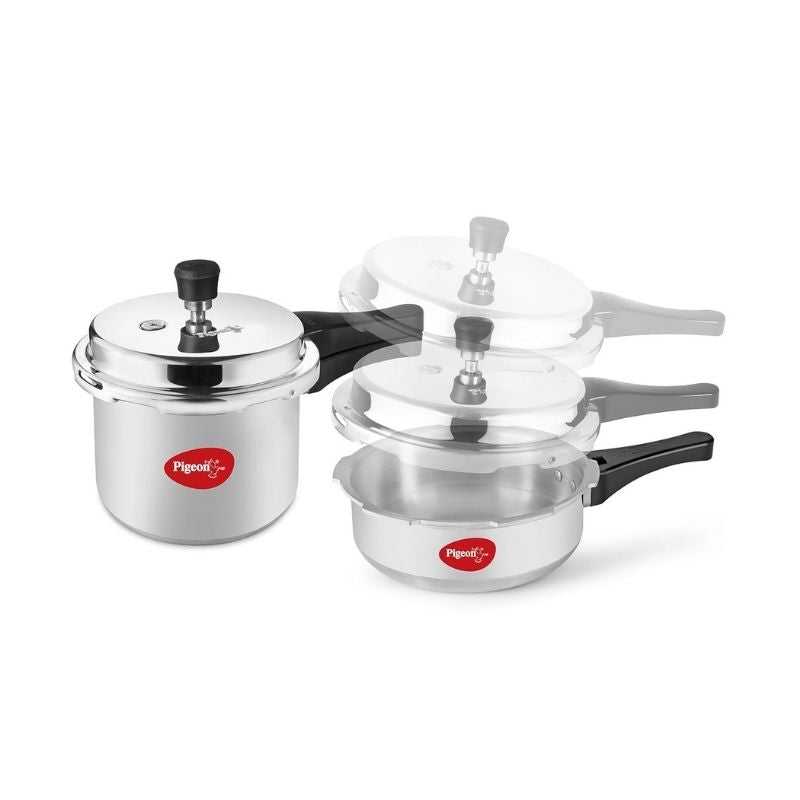 Pigeon Aluminium Pressure Cooker Mini Combo with interchangeable outer lid for 2 and 3 litre pots, ideal for versatile cooking needs.