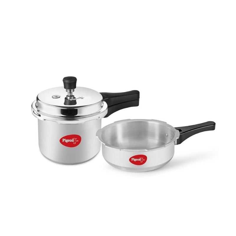 Pigeon Mini Pressure Cooker Combo - 2, 3 Litre set with outer lid design, featuring durable aluminium build and ergonomic handles.