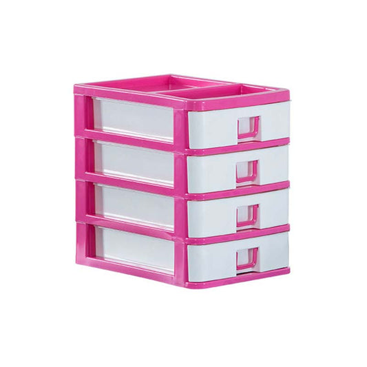 Pink and white Plastic Desktop Drawer - 4 Layer Storage unit, perfect for compact desk organization in home or office settings.